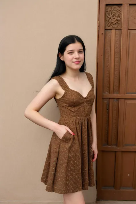 candid photograph of V10l4W3b3r-140 a petite attractive girl in an earth tone patterned and textured long dress<lora:edgEuropeanVintageR:1>edgEV,wearing edgEV_vintage dress,((skinny))