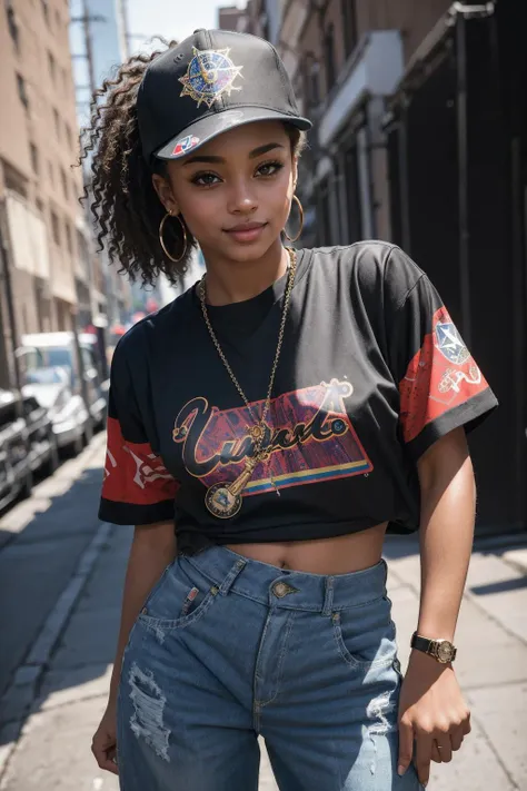 a close up of a woman wearing a hat and a shirt