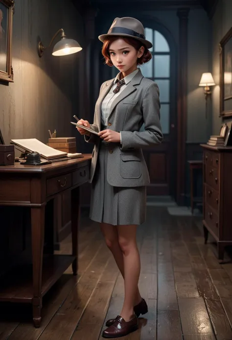 (medium full shot) of (methodical detective) young woman, tiny build, short red low bun hair, chinese, tan skin, brown eyes, wea...