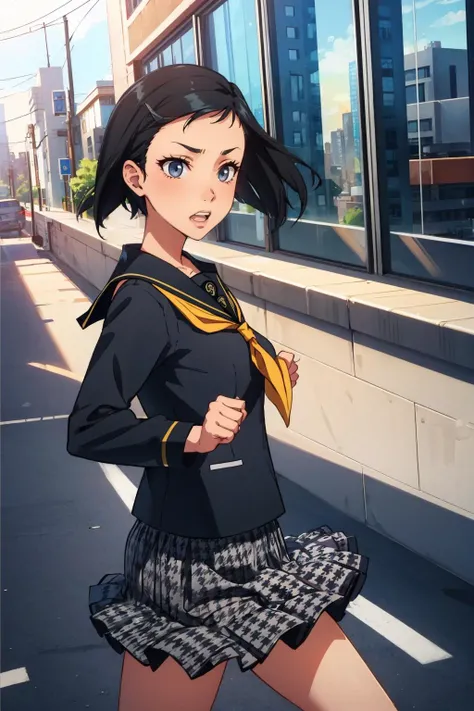 masterpiece, best quality, solo  <lora:zs_Yumi:1> yumip4, school uniform, serafuku, grey skirt, houndstooth, running, from side, cityscape, clenched teeth, surprised