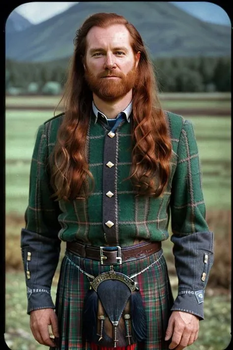 analog film photo, _ man with long wavy auburn hair wearing a s_kilt, faded film, desaturated, 35mm photo, grainy, vignette, vintage, Kodachrome, Lomography, stained, highly detailed, found footage <lora:s_kilt:.7>