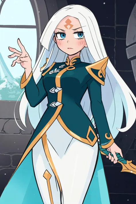 a cartoon image of a woman with long white hair and a sword