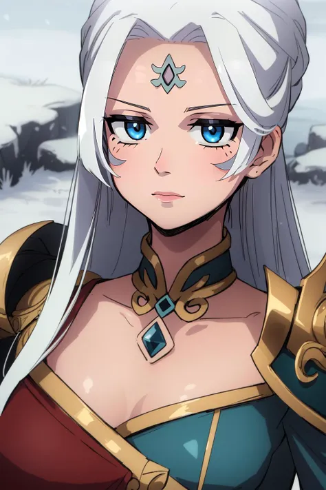 a woman with white hair and blue eyes wearing a red and gold outfit