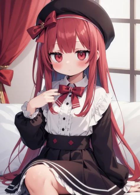 masterpiece, best quality, blush, looking away
1girl, solo, light skin, very long hair, red hair, small chest, red eyes,
skirt, shirt, long_sleeves, hat, dress, bow, frills