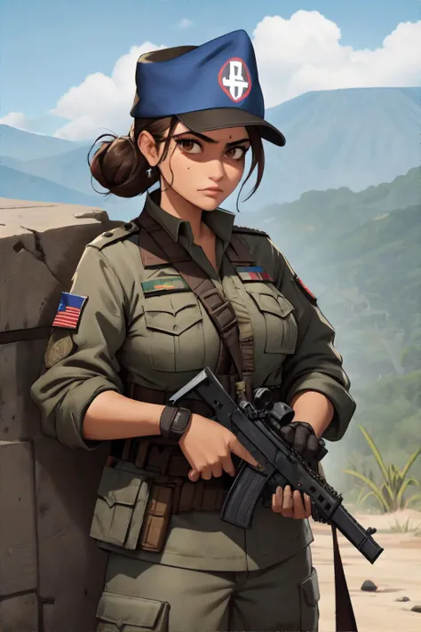 Sandinista Female Guerilla Fighter (Nicaragua): Wearing a mix of worn civilian and military clothing, wearing old bandana or hat, and a worn Nicaraguan flag patch, with brown hair in a medium-length style tied in a loose bun, framing captivating brown eyes...