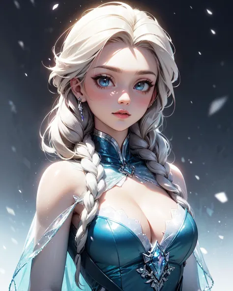 cleavage,  (best quality,  masterpiece,  colorful,  dynamic angle,  highest detailed),  upper body photo,  fashion photography of cute girl (Elsa,  Frozen),  dressing high detailed Elsa Frozen suit, (ultrahigh resolution textures),  in dynamic pose,  bokeh...