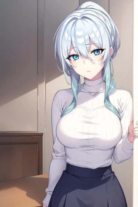 anime girl with blue hair and white shirt posing for a picture