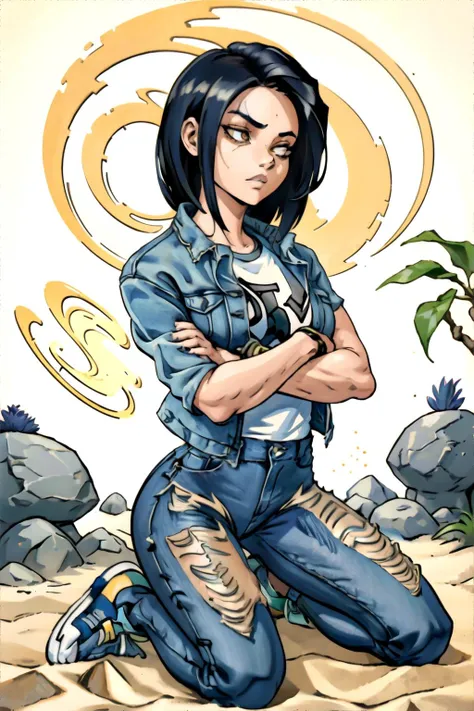 a cartoon of a woman with a blue jean jacket and jeans