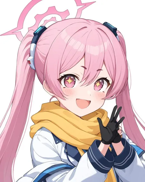 koyuki (blue archive),1girl, solo, yellow_scarf, halo, v, simple_background, white_background, fingerless_gloves, upper_body, twintails, black_gloves, open_mouth, smile, looking_at_viewer, blush, skin_fang, long_sleeves, +_+, cropped_torso, symbol-shaped_p...