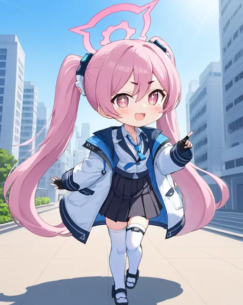 koyuki (blue archive),1girl, solo, halo, chibi, twintails, white_shirt, black_gloves, black_skirt, long_sleeves, fingerless_gloves, holding, pleated_skirt, open_mouth, outdoors, collared_shirt, skin_fang, :d, building, full_body, day, white_thighhighs, nec...