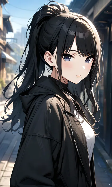 anime girl with long black hair and blue eyes standing on a street