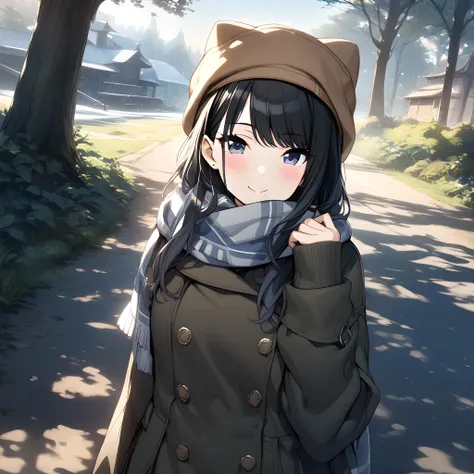 anime girl in a brown hat and coat walking down a street