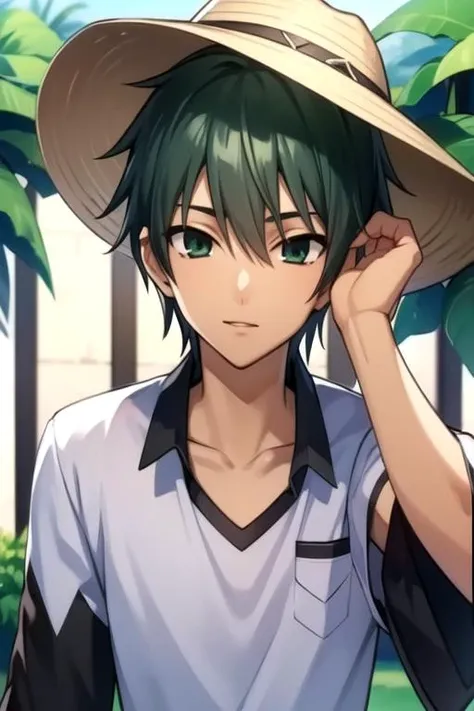 masterpiece, best quality, game cg, 1boy, solo, male focus, looking at viewer, upper body, depth of field, , , <lora:ryuu_tsuji:0.74>, ryuu_tsuji, green hair, green eyes, , panama hat, , 16k resolution