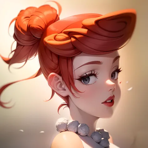 ((masterpiece, best quality)),(complex lighting) ,upper body, solo, Wilma flintstone, red hair, ponytail, <lora:Wilma_Flintstone1-0608:0.6>,white dress, pearl necklace, lipstick, gradient background, looking at viewer,