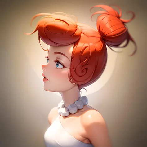 ((masterpiece, best quality)),(complex lighting) ,upper body, solo, Wilma flintstone, red hair, ponytail, <lora:Wilma_Flintstone1-0608:0.6>,white dress, pearl necklace, lipstick, gradient background,