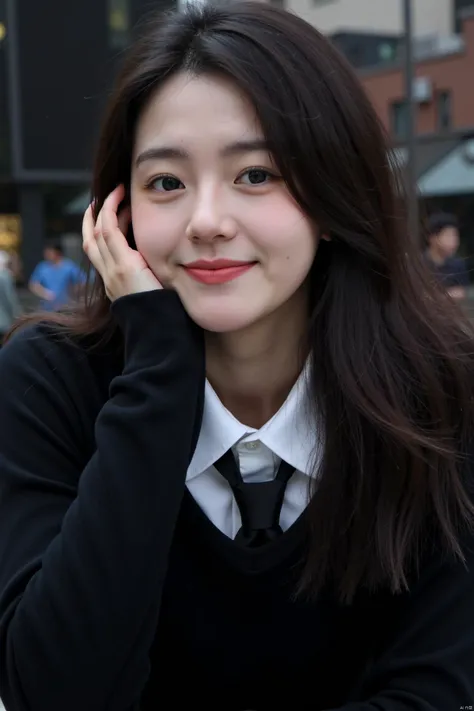 a young asian woman with long dark brown hair, wearing a black sweater and a white collared button-down shirt with a black tie. ...