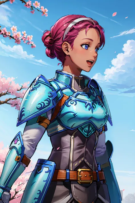 masterpiece, best quality, <lora:fionaV1:0.9> fiona, short hair, forehead, armor, belt, breastplate, white hairband, shoulder armor, white gloves, gauntlets, profile, :D, sky, clouds, spring, flower petals, cherry blossoms, upper body