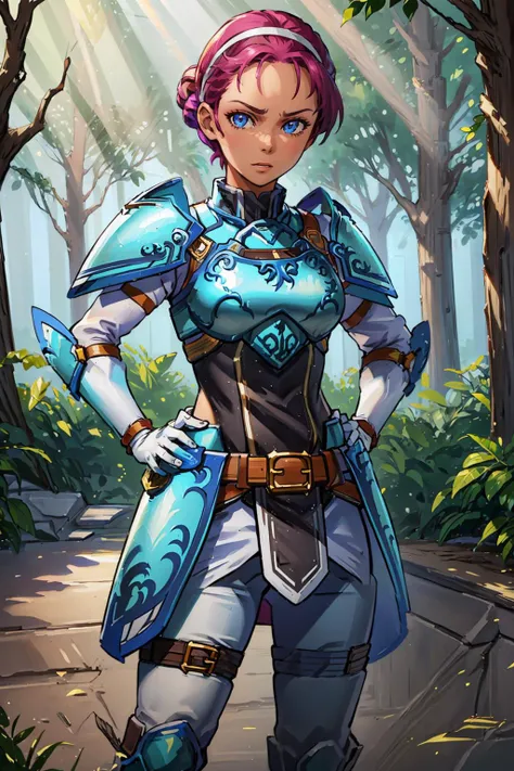 masterpiece, best quality, <lora:fionaV1:0.9> fiona, short hair, forehead, armor, armored boots, belt, breastplate, white hairband, shoulder armor, white pants, white gloves, gauntlets, cowboy shot, looking at viewer, serious, forest, dappled sunlight, han...