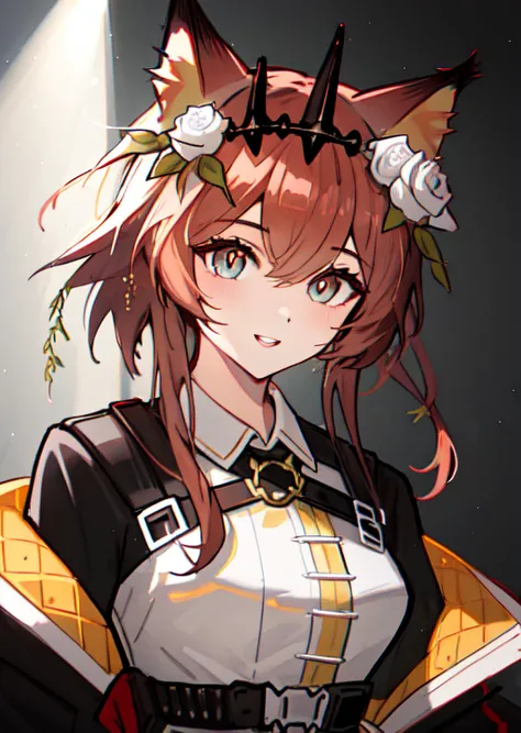 (best quality,illustration,ultra detailed,masterpiece,highres,:1.1),
looking at viewer, parted lips, beautiful eyes, slighlty opened mouth, smile,
vendela_(arknights), light_brown_hair, short_hair, hair_flower, hair_ornament, crown, rose, short_hair_with_l...