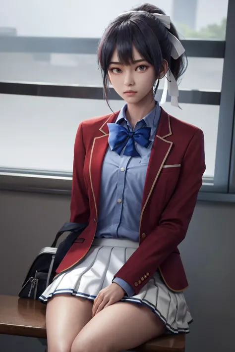 masterpiece, best quality, highres, 1girl amikura ponytail hair ribbon, school uniform white skirt red jacket blue shirt blue bowtie <lora:amikura:1> sitting, (photorealistic:1.0)