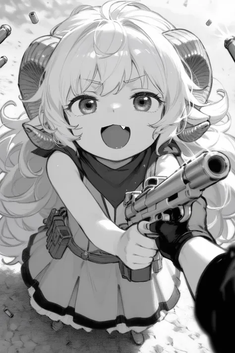 P90, holding gun,firing, shell casing, muzzle flash, casing ejection, bullet, aiming, 
looking up at viewer, smug, open mouth, fang, randoseru,
high angle shot, height difference, looking up at viewer, head tilt,
lauriescooper, sheep horns, very long hair,...