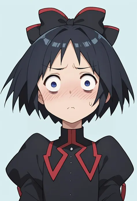 anime girl with black hair and red collared shirt and black bow