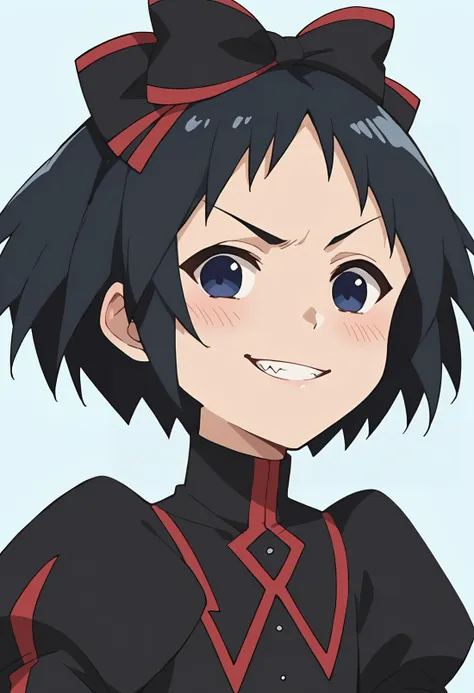 anime girl with black hair and red bow smiling at camera