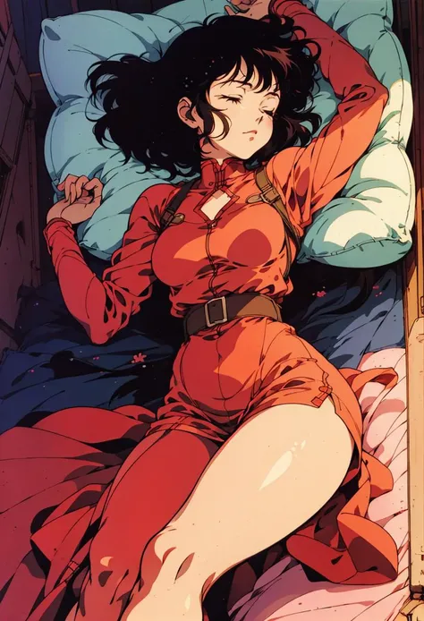 a woman sleeping a bed,  official art,  context art<lora:Retro_Anime-000002:.7> retro anime,