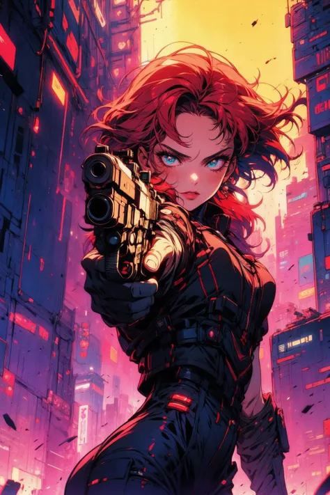 a woman in a black outfit holding a gun in a city