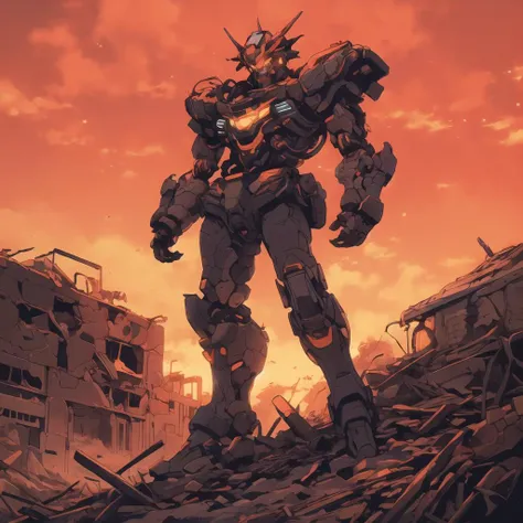 masterpiece, best quality, ultra detailed, 1boy, standing, on a rubble, on a hill, looking at horizon, burning city, ruined city, ruins, fire, ablaze,  <lora:AMechaSSS[color_theme,mecha musume, mechanical parts,robot joints,headgear]:1> mecha musume, mecha...