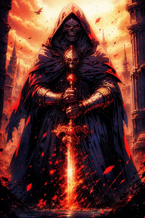 a poster of a man in a cloak holding a sword