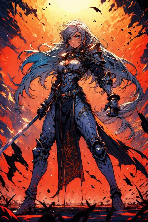 a woman in armor stands in front of a fiery sky