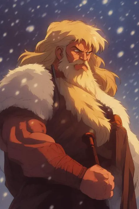 a man with a sword and a beard in the snow falling around him, epic fantasy character art, a comic book panel, fantasy art, <lora:Retro_Anime-000002:.7> retro anime,