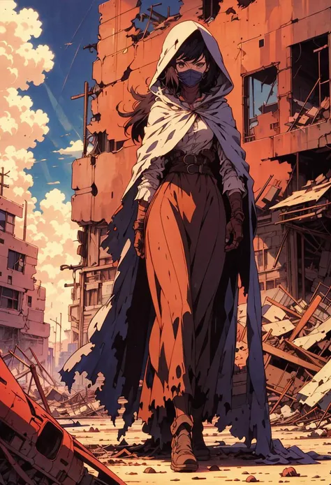 a woman in a hooded cloak walking through a destroyed city street with a large building in the background and a sky filled with clouds, concept art, retrofuturism <lora:Retro_Anime-000002:.7> retro anime,