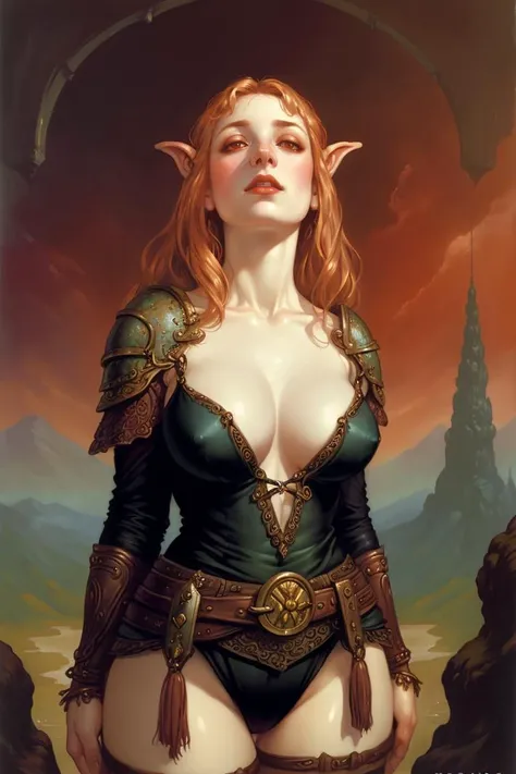 erotic fantasy artwork, highly detailed closeup painting of a (small Halfling woman with pale skin), perfect face, standing, looking up at viewer, seductive, large breasts, cleavage, (downblouse), oil on board, teasing, D&D concept art, Forgotten Realms, f...