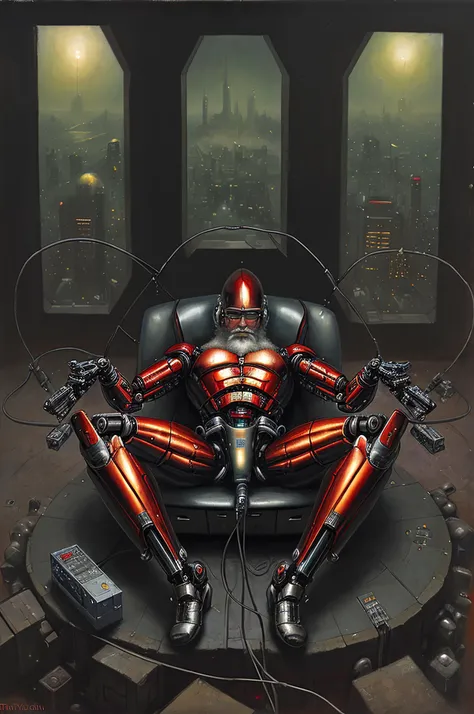 cybernetic santa jacked into the matrix, laying on a matrix pod, wires and plugs coming out of body, dystopian, metropolis, futuristic, oil painting, brutality, epic