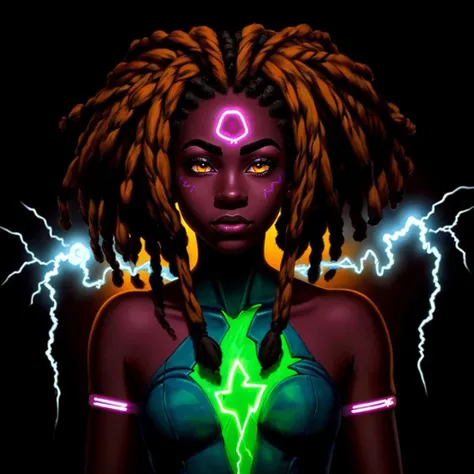 black african woman, short dreadlocks, pink eyebrows glowing with electric energy