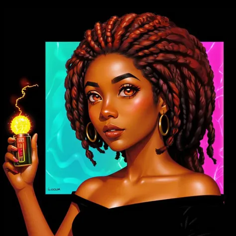 Two-shot, black african woman, short dreadlocks, pink eyebrows glowing with electric energy,