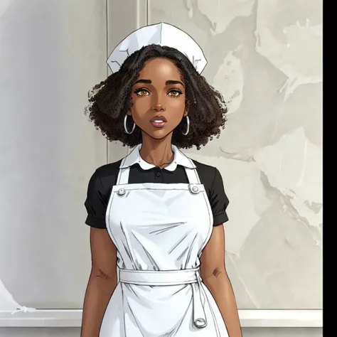 by Milo Manara, white nurse cap, nurses apron, collared white shirt, white a-line dress, mon1f4, short (afro) black hair