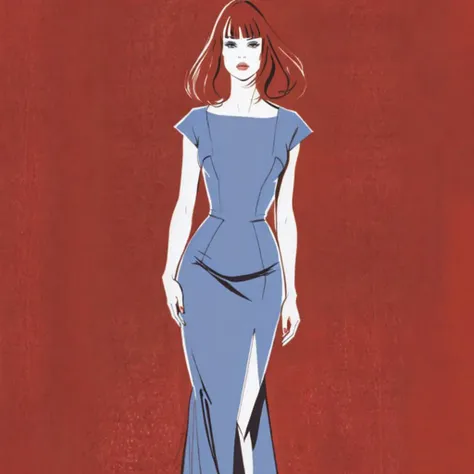 full body, inkcolor by Jacqueline bissett, model with (straight red hair) and ((bangs)), [molly ringwald | winona ryder], <lora:MollyR:0.5>,  <lora:Winona_Ryder:0.5>, solo focus, high fashion,  haute couture, <lora:bissett:1.3>