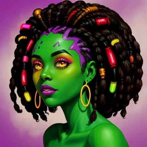 black african woman, short dreadlocks, pink eyebrows glowing with electric energy