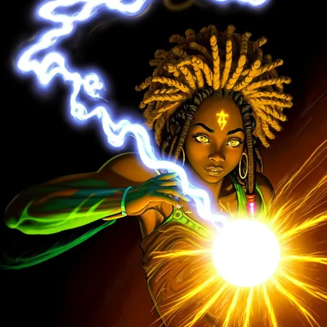 Full shot, black african woman, short dreadlocks, pink eyebrows glowing with electric energy,