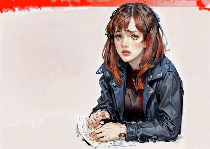 illustration by Milo Manara  of [molly ringwald | winona ryder] looking very ((sad)) <lora:Expressions_Helper:1.3>  <lora:MollyR:0.3> <lora:Winona_Ryder:0.3>, medium straight (red) hair and bangs, wearing a black biker_jacket <lora:biker_jacket:0.1> black ...