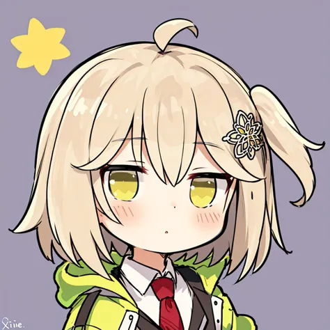 anime girl with blonde hair and yellow eyes wearing a green jacket