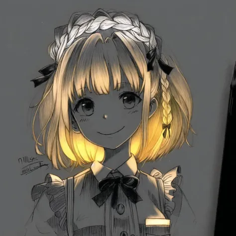 <lora:glowart_v2:1.0>, (glowart:1.0), (glowing, sketch, drawing:1.0),  1girl, braid, hair ribbon, maid, maid headdress, millipen (medium), monochrome, pocket watch, ribbon, shikishi, short hair, signature, smile, solo, traditional media, tress ribbon, twin...