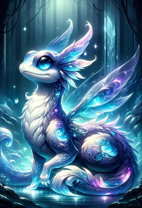 a white dragon with blue eyes sitting in the woods