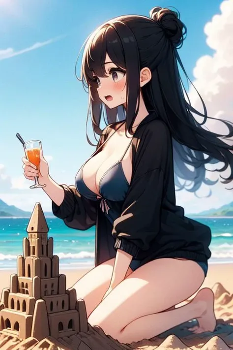 (((masterpiece))), (((best quality))), (((seaside))), (((sandcastle))), (((sand castle))), (((sand sculpture))), ((from side)), ((bend over)), ((head down looking down)), ((bikini)), black chiffon jacket, sea, wind, beach, solo, 1girl, kneeling, cleavage, ...