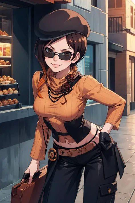 masterpiece, best quality,  <lora:rwby_cocoadel-10:1> coco adel, beret, sunglasses, orange sweater, gloves, pants, jewelry, scarf, belt, cowboy shot, looking at viewer, leaning forward, smirk, large breasts, cityscape