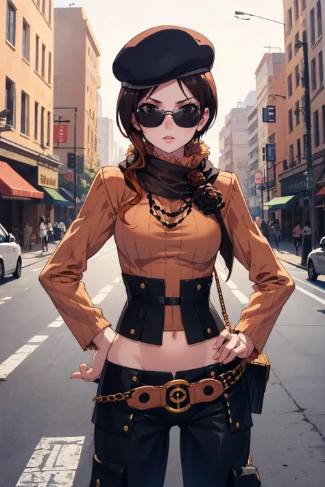 masterpiece, best quality,  <lora:rwby_cocoadel-10:1> coco adel, beret, sunglasses, orange sweater, gloves, pants, jewelry, scarf, belt, cowboy shot, looking at viewer, hands to hips, large breasts, cityscape