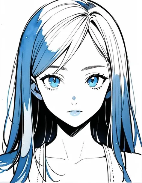 a drawing of a girl with blue hair and a white shirt